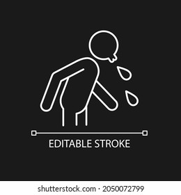 Spit white linear icon for dark theme. Rude, indecent behavior in public places. Spitting man. Thin line customizable illustration. Isolated vector contour symbol for night mode. Editable stroke