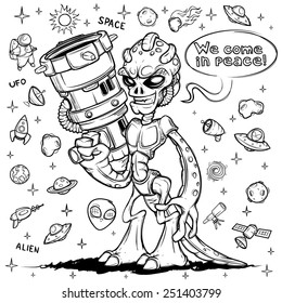 Spiteful alien space invader with arms. Hand drawn