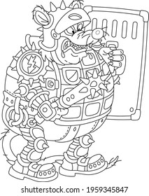 Spitzen-Fett-Rattenschutz in Rüstung und ein an die Zähne bewaffneter Helm, mit einem spitzen Kugel und einem Schild, der sich auf einen Angriff vorbereitet, schwarz-weißer Umrisskartoon für eine farbige Buchseite