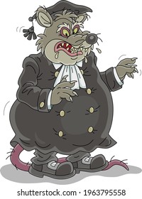 Spiteful fat rat judge in a black gown with an unjust accusation in a court session, vector cartoon illustration isolated on a white background