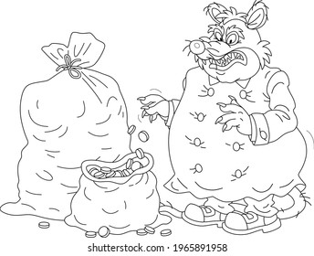 Spiteful and greedy of gain fat old rat tax collector with a shabby tail and big bags of coins for royal taxes, black and white outline vector cartoon illustration for a coloring book page