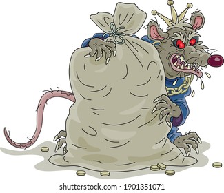 Spiteful and greedy of gain old rat king with a shabby tail, grinning and hugging a big bag of gold coins, vector cartoon illustration on a white background