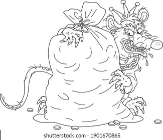 Spiteful and greedy of gain old rat king with a shabby tail, grinning and hugging a big bag of coins, black and white outline vector cartoon illustration for a coloring book page