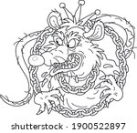 Spiteful and insidious old rat king with a shabby tail, wearing a gold crown and a chain, grinning out of its dark hole, black and white outline vector cartoon illustration for a coloring book page