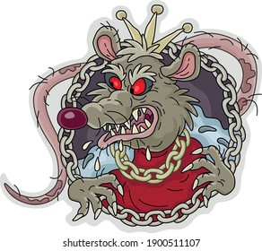 Spiteful and insidious old rat king with a shabby tail, wearing a gold crown and a chain, grinning out of its dark hole, vector cartoon illustration on a white background