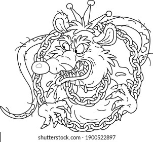 Spiteful and insidious old rat king with a shabby tail, wearing a gold crown and a chain, grinning out of its dark hole, black and white outline vector cartoon illustration for a coloring book page