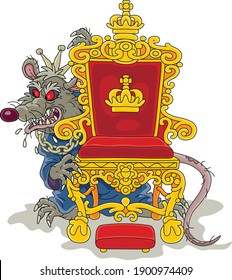 Spiteful and insidious old rat king with a shabby tail, wearing a gold crown and a chain, grinning from behind a royal throne, vector cartoon illustration on a white background