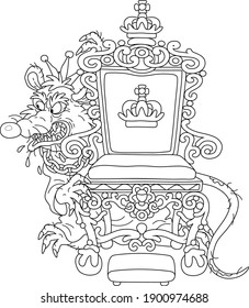 Spiteful and insidious old rat king with a shabby tail, wearing a crown and a chain, grinning from behind a royal throne, black and white outline vector cartoon illustration