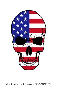 Spiteful USA flag skull cartoon symbol with face colored in national american stars and stripes pattern. Use as tattoo, t-shirt print or mascot design 