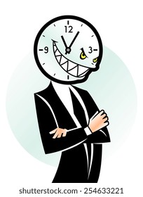 Spitefully smiling clock man. Time issue concept. 