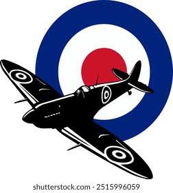 Spitfire Flugzeug mit Royal Air Force Logo. Flugzeugvektor des Zweiten Weltkriegs