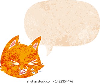 spitting cartoon cat face with speech bubble in grunge distressed retro textured style