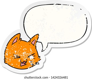 spitting cartoon cat face with speech bubble distressed distressed old sticker