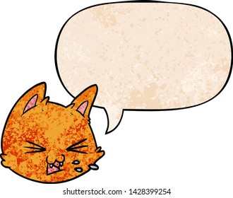 spitting cartoon cat face with speech bubble in retro texture style