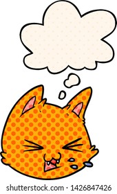 spitz-Cartoon-Katzengesicht mit Gedankenblase im Comicstil