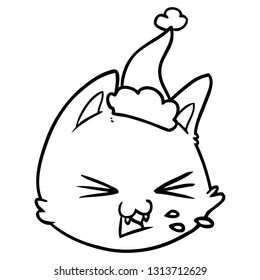 dibujo de la línea dibujada a mano de un gato con sombrero santa