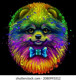 Spitz. Abstract, neon, artistic portrait of a cute Pomeranian  small German spitz dog  in the style of pop art on a black background. Digital vector graphics