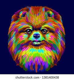 
Spitz. Abstract, neon color, artistic portrait of a cute Pomeranian  small German spitz dog with colored fur on a dark blue background.