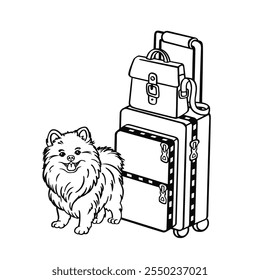 Spitz Dog Coloring Page with Suitcase Travel Line, Hand Drawn Vector Illustration