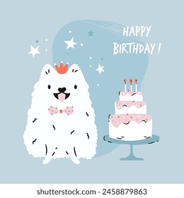 Spitz dog in a holiday hat sits by a cupcake. Hand drawn vector Birthday card, print, composition.