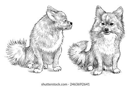 Spitz dog, lap dog, pets, two, realistic, cute, sitting, fluffy, sketch,vector, hand drawn illustration isolated on white