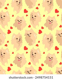 Spitz dog on a light yellow background with red hearts. Seamless pattern, print. Vector illustration