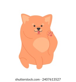 Spitz dog with paw raised. Cute fluffy doggy breed, family domestic puppy cartoon vector illustration