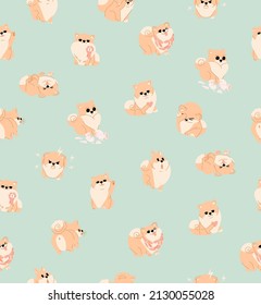 Spitz dog seamless pattern. Cute funny dogs in different poses on pastel green background. Vector cute illustration for packaging, wallpaper, cover, poster, template, and more