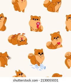 Spitz dog seamless pattern. Cute dogs in different poses on beige background. Vector cute illustration for packaging, wallpaper, cover, poster, template, and more