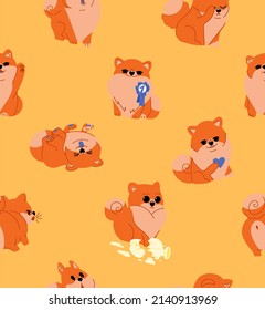 Spitz dog seamless pattern. Cute dogs in different poses on orange background. Vector cute illustration for packaging, wallpaper, cover, poster, template, and more