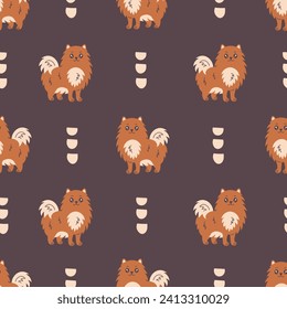 Spitz dog seamless pattern. Modern hand drawn doggy background with cute puppy and abstract shapes. Repeat vector illustration for fabric, textile, pets, kids