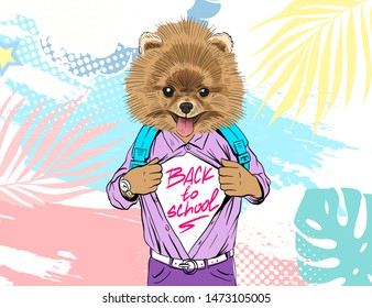 Spitz open shirt with the words back to school on her t-shirt. Pop art comics style. Hand drawn vector illustration.