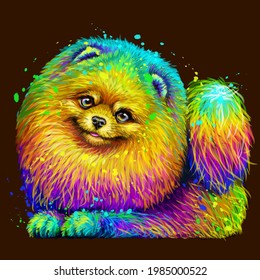 Spitz. Sticker design. Abstract, multicolored, neon portrait of a cute Pomeranian dog on a dark brown background in the style of pop art. Digital vector graphics. Background on a separate layer.