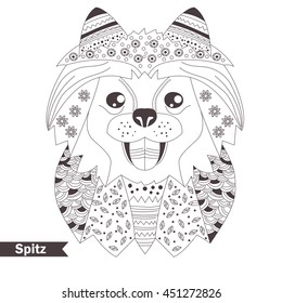 Spitz. Zentangle style. Coloring book for adult, antistress coloring pages. Hand drawn vector isolated illustration on white background. Henna mehendi, tattoo, t-shirt sketch