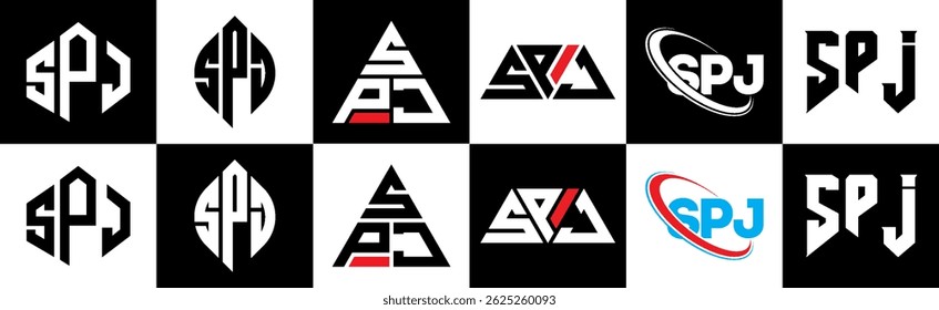 SPJ letter logo design in six style. SPJ polygon, circle, triangle, hexagon, flat and simple style with black and white color variation letter logo set in one artboard. SPJ minimalist and classic logo