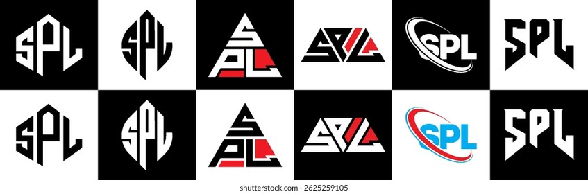 SPL letter logo design in six style. SPL polygon, circle, triangle, hexagon, flat and simple style with black and white color variation letter logo set in one artboard. SPL minimalist and classic logo