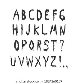 Alfabeto de espoleta, sangre vectorial o letras delgadas. Fuente aterradora de doodle de escritura manual. Estilo de la fiesta de Halloween