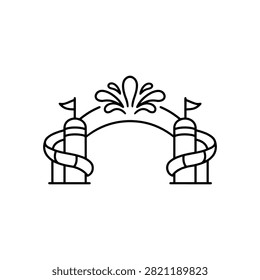 Splash arch water feature icon with two curved slides, flags and central fountain for water park entrance and aquatic playground