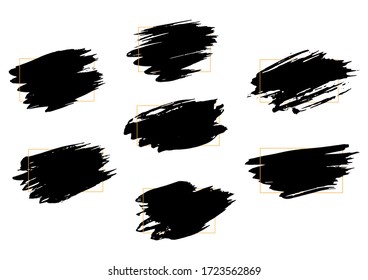 Cartel de Splash. Conjunto de trazos de tinta negra. Colocar el texto. Diseño de la colección Brush. Diseño texturado moderno. Obra de arte de Freehand. Imagen perturbada. Marco geométrico. Textura del pincel negro.