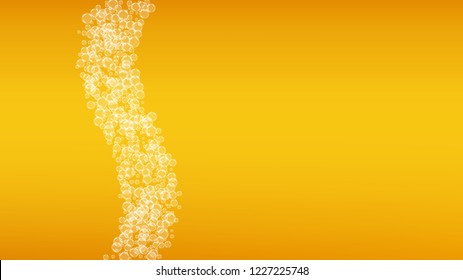 Splash beer. Background for craft lager. Oktoberfest foam. Bavarian pint of ale with realistic white bubbles. Cool liquid drink for pub banner layout. Orange glass with splash beer.