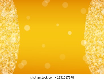 Splash beer. Background for craft lager. Oktoberfest foam. Pale pint of ale with realistic white bubbles. Cool liquid drink for bar flyer design. Yellow jug with splash beer.