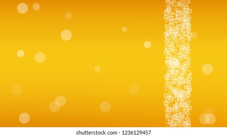 Splash beer. Background for craft lager. Oktoberfest foam. Froth pint of ale with realistic white bubbles. Cool liquid drink for restaurant banner template. Yellow glass with splash beer.