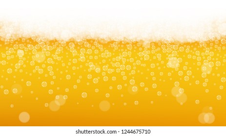 Splash beer. Background for craft lager. Oktoberfest foam. bar banner design. Festive pint of ale with realistic white bubbles. Cool liquid drink for Yellow cup with splash beer.