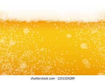 Splash beer. Background for craft lager. Oktoberfest foam. pab menu layout. Shiny pint of ale with realistic white bubbles. Cool liquid drink for Yellow mug with splash beer.