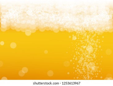 Splash beer. Background for craft lager. Oktoberfest foam. Cold pint of ale with realistic white bubbles. Cool liquid drink for pub flyer template. Orange mug with splash beer.