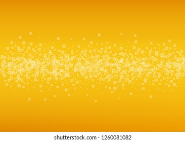 Splash beer. Background for craft lager. Oktoberfest foam. Froth pint of ale with realistic white bubbles. Cool liquid drink for bar flyer design. Gold cup with splash beer.