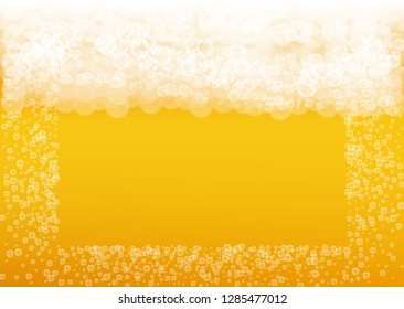 Splash beer. Background for craft lager. Oktoberfest foam. Cold pint of ale with realistic white bubbles. Cool liquid drink for restaurant menu template. Golden cup with splash beer.