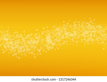 Splash beer. Background for craft lager. Oktoberfest foam. Cold pint of ale with realistic white bubbles. Cool liquid drink for bar menu concept. Golden bottle with splash beer.