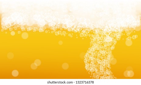 Splash beer. Background for craft lager. Oktoberfest foam. Pour pint of ale with realistic white bubbles. Cool liquid drink for pab flyer layout. Yellow mug with splash beer.