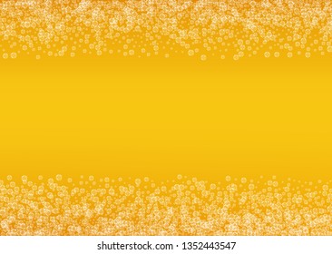 Splash beer. Background for craft lager. Oktoberfest foam. pab banner concept. Czech pint of ale with realistic white bubbles. Cool liquid drink for Yellow mug with splash beer.